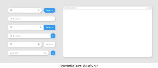 Blank internet browser window with various search bar templates. Web site engine with search box, address bar and text field. UI design, website interface elements. Vector illustration