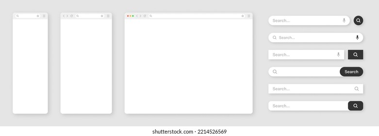 Blank internet browser window with various search bar templates. Web site engine with search box, address bar and text field. UI design, website interface elements. Vector illustration