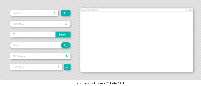 Blank Internet Browser Window With Various Search Bar Templates. Web Site Engine With Search Box, Address Bar And Text Field. UI Design, Website Interface Elements. Vector Illustration