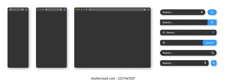 Blank Internet Browser Window With Various Search Bar Templates, Dark Mode. Web Site Engine With Search Box, Address Bar And Text Field. UI Design, Website Interface Elements. Vector Illustration