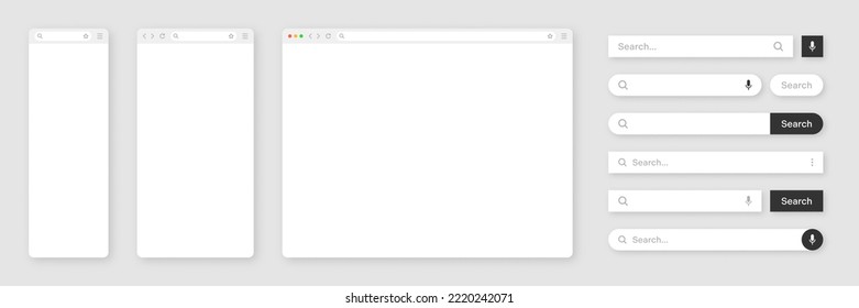 Blank internet browser window with various search bar templates. Web site engine with search box, address bar and text field. UI design, website interface elements. Vector illustration