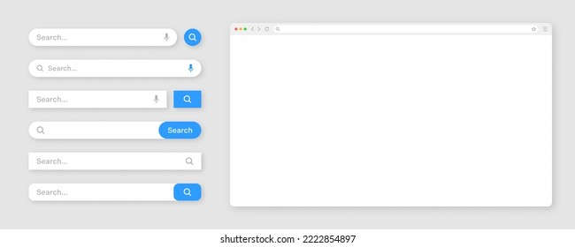 Ventana de navegador de Internet en blanco con varias plantillas de barra de búsqueda. Motor de sitios Web con cuadro de búsqueda, barra de direcciones y campo de texto. diseño de interfaz de usuario, elementos de interfaz de sitio web. Ilustración del vector