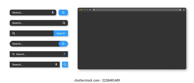 Blank internet browser window with various search bar templates, dark mode. Web site engine with search box, address bar and text field. UI design, website interface elements. Vector illustration