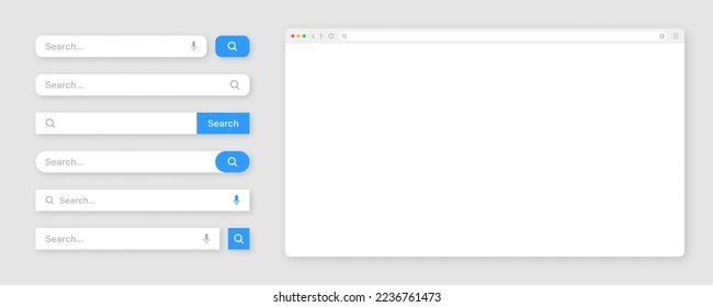 Blank internet browser window with various search bar templates. Web site engine with search box, address bar and text field. UI design, website interface elements. Vector illustration