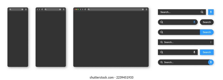 Blank internet browser window with various search bar templates, dark mode. Web site engine with search box, address bar and text field. UI design, website interface elements. Vector illustration