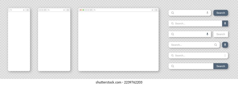 Blank internet browser window with various search bar templates. Web site engine with search box, address bar and text field. UI design, website interface elements. Vector illustration