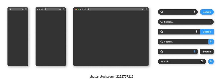 Blank internet browser window with various search bar templates, dark mode. Web site engine with search box, address bar and text field. UI design, website interface elements. Vector illustration