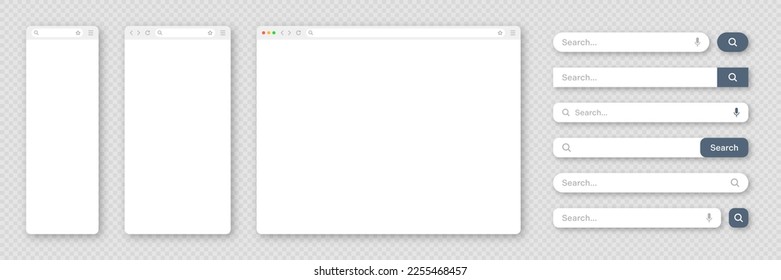 Blank internet browser window with various search bar templates. Web site engine with search box, address bar and text field. UI design, website interface elements. Vector illustration