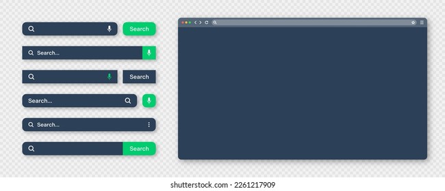 Blank internet browser window with various search bar templates, dark mode. Web site engine with search box, address bar and text field. UI design, website interface elements. Vector illustration