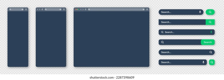 Blank internet browser window with various search bar templates, dark mode. Web site engine with search box, address bar and text field. UI design, website interface elements. Vector illustration