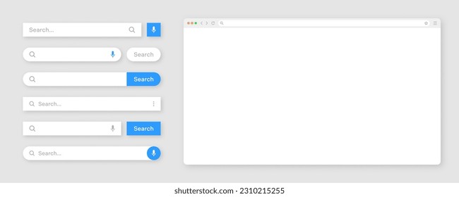 Blank internet browser window with various search bar templates. Web site engine with search box, address bar and text field. UI design, website interface elements. Vector illustration