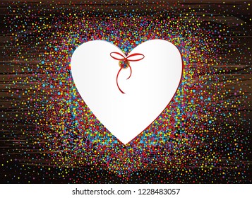 Blank invitation in the shape of a heart for a holiday in a bunch of colorful confetti. Vector on wooden background. Place for text or advertising. Greeting card for birthday