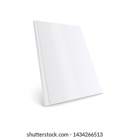 Blank isolated paper magazine mockup with empty cover, white realistic book front page template in A4 format seen from sideways, 3D style detailed vector illustration