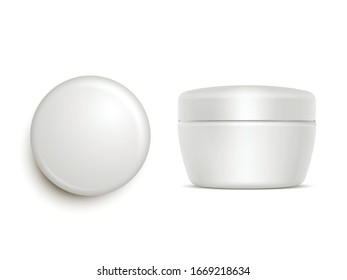 Blank jar for moisturizing cream or gel isolated on white background. Plastic packaging mockup for skincare, beauty, cosmetics product. Top and side views. Realistic vector illustration for branding.