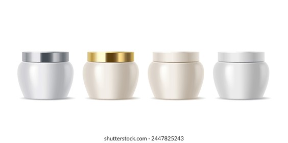 Frascos en blanco de juego de Ilustración vectorial realista crema. Plantilla de diseño promocional. Productos cosméticos contenedores objetos 3d sobre fondo blanco