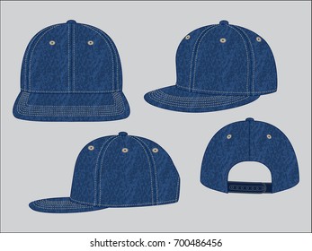 Blank Jean Denim Hip Hop Cap With Adjustable Snap Back Closure Strap Template on Gray Background.