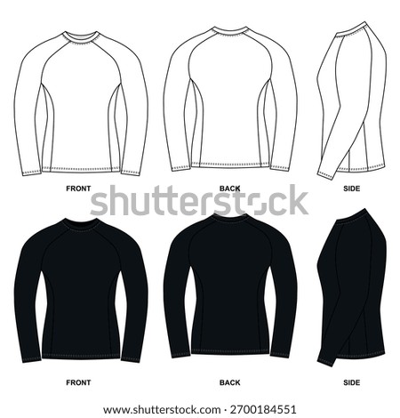 Blank jersey template for active wear. Set of white and black shirt sketches. Vector illustration of a long-sleeved rash guard, front, back, and side views. 