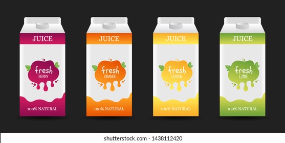 Blank Juice Fresh Fruit Carton Branding Box. Berry, Orange, Lemon, Lime, Healthy Juice Sticker Design.