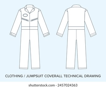 Blank Overall Coveralls Technische Zeichnung, Bekleidungsentwurf für Modedesigner. Detaillierte editierbare Vektorillustration, Schwarz-Weiß-Kleidungsschemata, isolierter Hintergrund