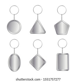 Blank keychains, empty trinkets vector illustrations set. House fobs collection isolated on white background. Steel keyholders design elements bundle. Property pendants mockups pack