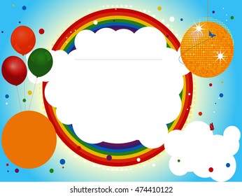 Blank Kids Party Invite With Disco Ball Balloons Rainbow And Confetti