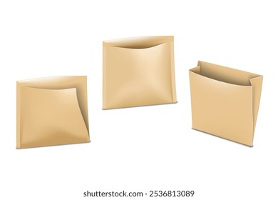 Bolsa de papel kraft en blanco. Conjunto de maqueta 3D. Comida para llevar a prueba de grasa titular de bolsillo bolsa de embalaje. Maqueta de Vector realista. Paquete de sobre de comida rápida para llevar. Plantilla para el diseño