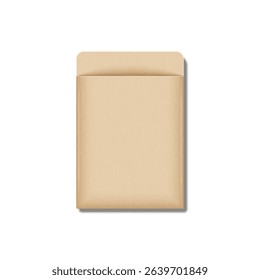 Blank kraft paper pouch envelope bag realistic 3d vector mockup isolated on white, eco-friendly recyclable natural product empty packaging, minimal brown template for branding, shipping or storage.