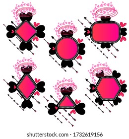 Blank label frames. Vector illustration. Heart sticker badges. Set of 6 isolated heart shape gradient design. Banner layouts. Hand drawn arrows and patterns border collection.