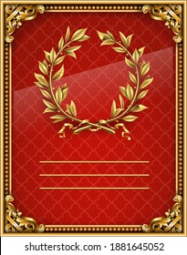 Blank or label gold baroque red background. Laurel gold wreath in vector graphics. Diploma or certificate