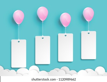 blank label , price tag , brand label modern paper art design , white mockup, with pink balloon abstract blue sky background vector and illustration