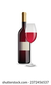 Blank label red wine bottle and glass vector on white isolated