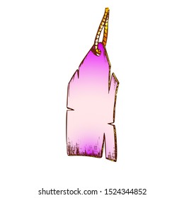 Blank Label Tag Hanging On Rope Vector. Empty Shabby Label Clothes Element For Price Or Product Information. Engraving Template Designed In Vintage Style Color Illustration