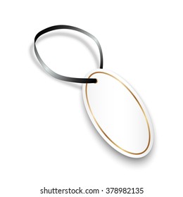 Blank label tag mock up. White sale badge with black ribbon. Vector illustration.