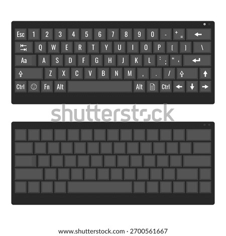 Blank and labeled compact keyboard set isolated on white. Minimalist vector illustration for UI design, tech tutorials and guides