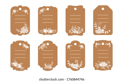 Blank labels template brown set. Price craft tags stickers. Decorated floral composition, flower branch and leaf. Various decorative flat cartoon frame paper collection. Vector illustration