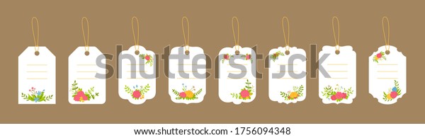 Blank labels template set. Price white tags\
stickers. Decorated floral composition, flower branch and leaf.\
Various decorative colorful flat cartoon frame paper collection.\
Vector illustration