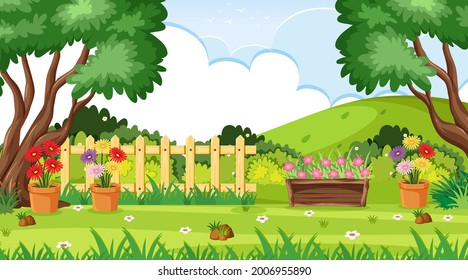 Blank landscape garden scene with many trees illustration