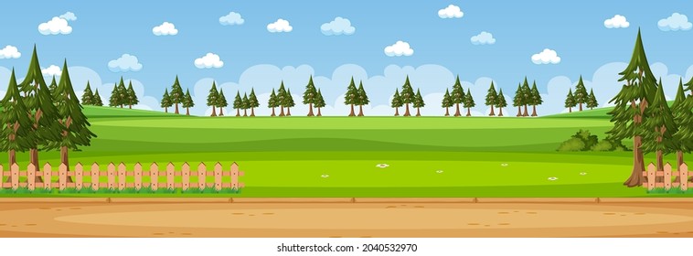 Blank landscape horizontal scene at day time with many pine trees illustration