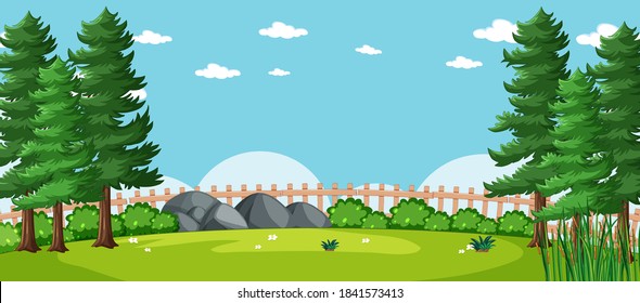 Blank landscape in nature park scene with many pines illustration