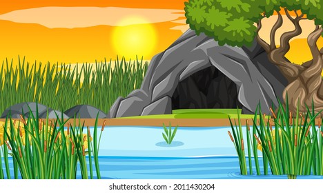 Blank landscape scene of cave in the forest at sunset time illustration