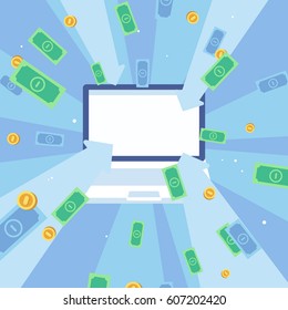 Blank laptop on background with paper money and gold coins. Background for e-commerce. Vector illustration. EPS10.
