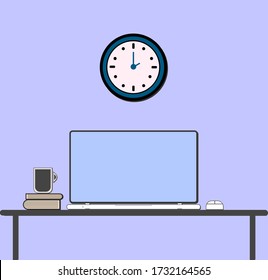pantalla portátil en blanco con mesa, algunos libros, ratón, reloj y vector de ilustración de café. tecnología y símbolos. vida de oficina