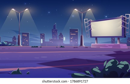 Blank large billboard on street in town at night. Vector cartoon cityscape with empty road, street lights and white advertising bigboard with lamps. Big marketing poster