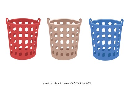 Blank laundry basket vector set in cartoon style. Plastic basket for laundry clipart. Laundry equipment. Vector illustration in flat design.