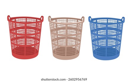 Blank laundry basket vector set in cartoon style. Plastic basket for laundry clipart. Laundry equipment. Vector illustration in flat design.