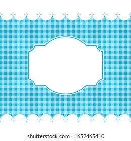 diseño en blanco: etiqueta blanca y encaje sobre un fondo de cuadros azules. un bonito marco rústico.ilustración vectorial.