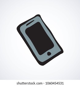 Blank lcd pc talk mobilephone on white backdrop. Data wifi sms app concept. Freehand black ink hand drawn touchphone pictogram sketchy in art modern doodle cartoon style pen on paper space for text
