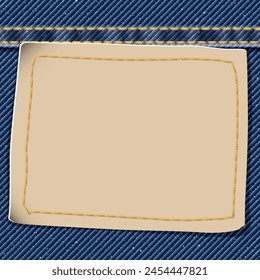 Blank leather badge on denim blue jean textile pattern background with gold seams and crease vector illustration.