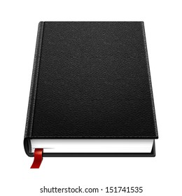 Blank Leather Hardcover Black Book With Bookmark. Illustration Isolated On White Background. Vector EPS10 