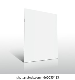 blank left tilt standing brochure 3d illustration, can be used as design element, isolated shadowy white background, side view